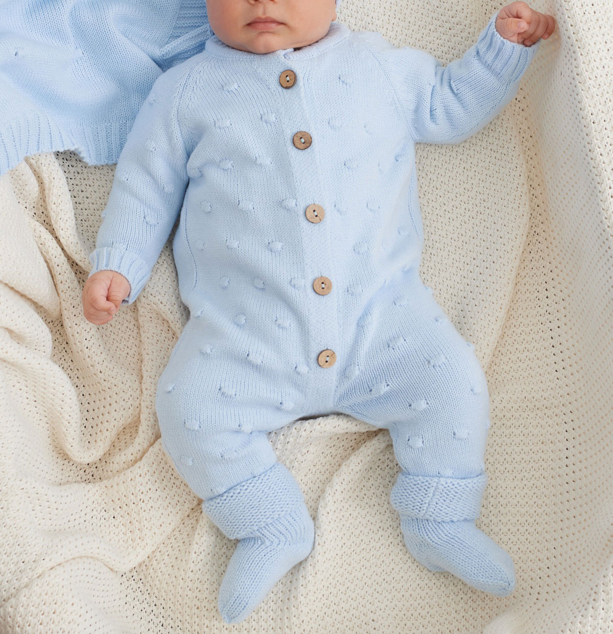 Купить вязаный комплект пупырка luxury baby, 3 предмета, 56062, голубой в  Новороссийске в интернет-магазине LEMI KIDS